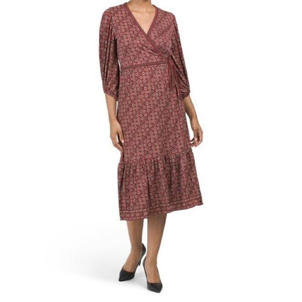 Max Studio Dress Womens Sz Medium Tiered Boho Midi Floral paisley Faux‎ Wrap New